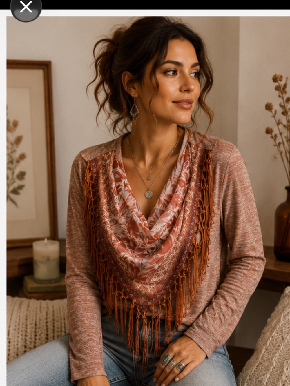 OneWorld Boho Fringe Scarf Layered Top Rust Pink XS